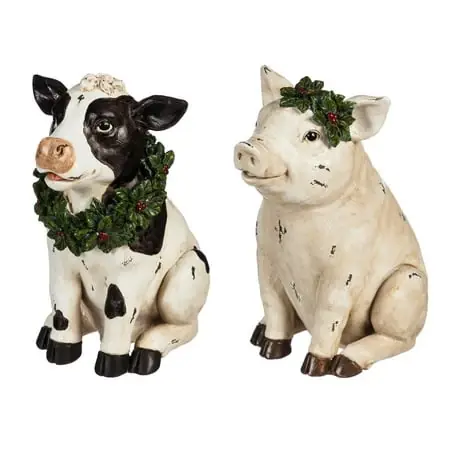 Farm Animal With Wreath Tabletop Decor - Pig And Cow - 4 X 5.8 X 7 Inches