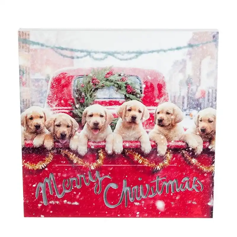 Lab Puppies In Red Truck Led Canvas Wall Decor For Home And Office