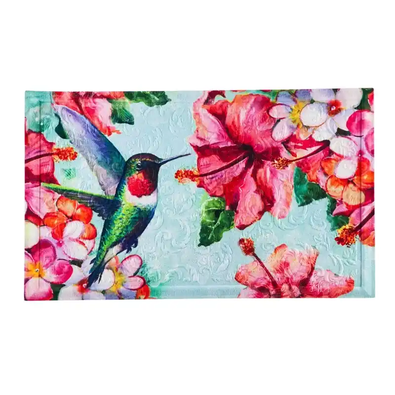 Hummingbird And Hibiscus Embossed Floor Mat - Vibrant Outdoor Decor