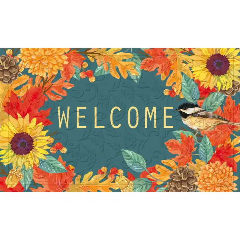 Fall Chickadee Wreath Embossed Indoor Outdoor Doormat 1‘6"x2‘6" Multicolored