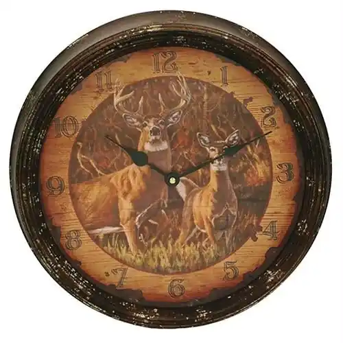 15 Inch Buck And Doe Vintage Tin Wall Clock - Distressed Metal Design