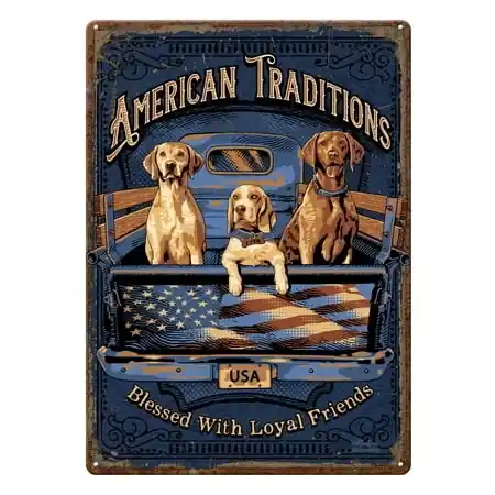 Weatherproof Tin Sign, American Tradition Dogs, 17 X 12 Inches With Pre-punched Holes
