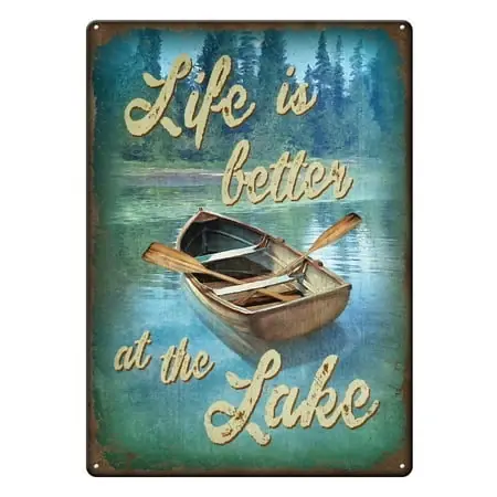 Weatherproof Tin Sign - Life Is Better At The Lake, 12 X 17 Inches With Pre-punched Holes