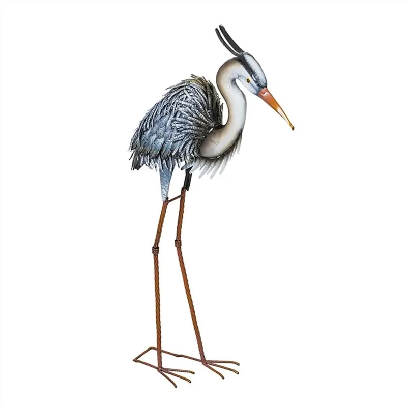 32 Inch Metal Grey Heron Garden Statue For Outdoor Decor