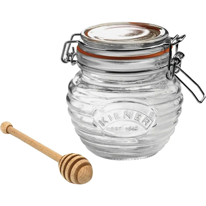 Honey Pot Glass Storage Jar Set With Beechwood Dipper, 15.25 Ounces