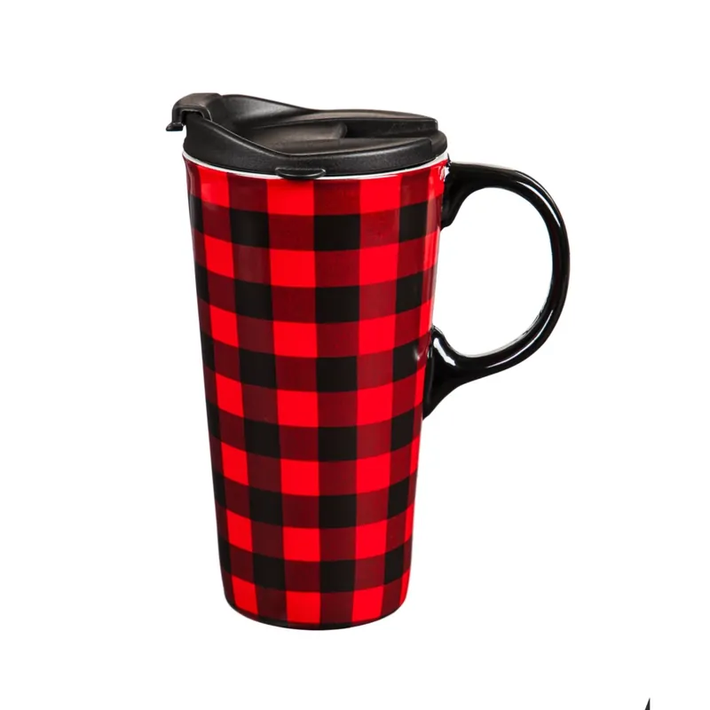 17 Ounce Ceramic Travel Cup With Box In Red And Black Buffalo Plaid