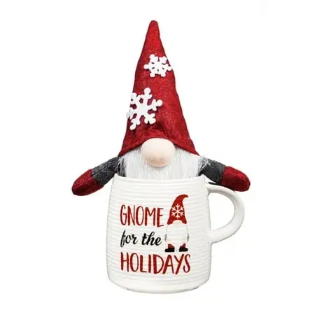 12 Ounce Ceramic Cup With 5 Plush Holiday Gnome Decorations