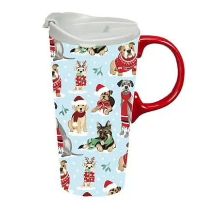 Ceramic Travel Cup 17 Ounce With Box Featuring Winter Dogs In Scarves Design