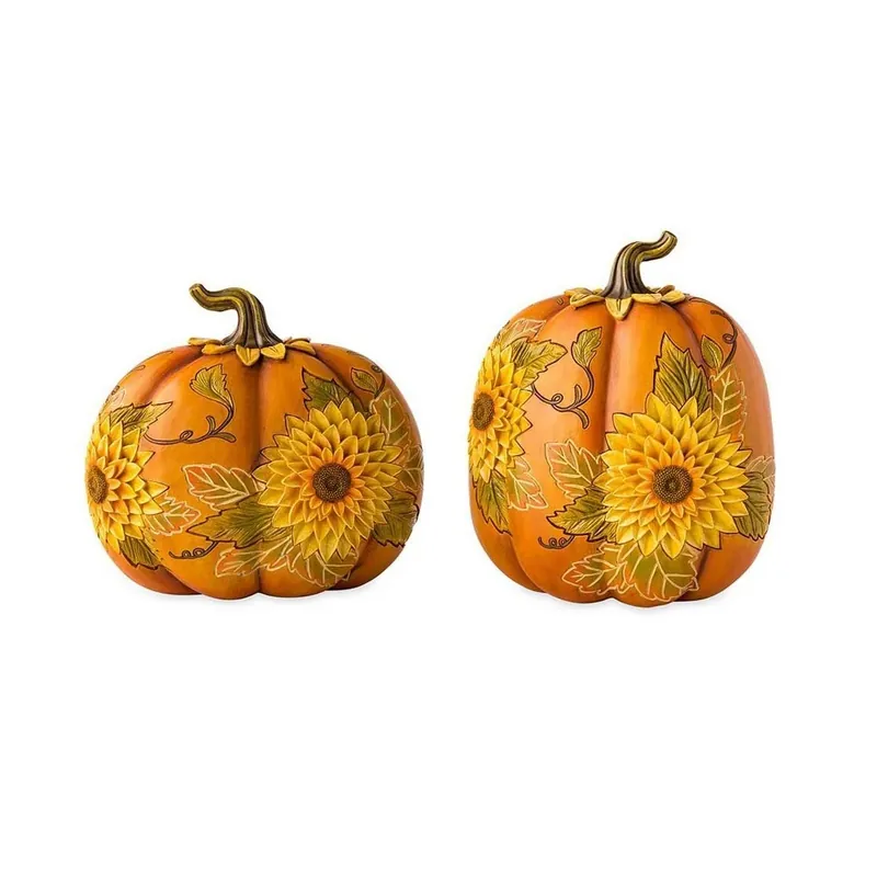 Set Of 2 Outdoor 8.5" Carved Pumpkins With Sunflowers Polyresin Sculpture