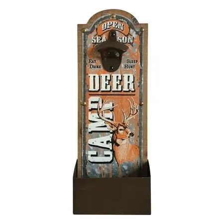 Wall Mounted Bottle Opener With Built-in Bottlecap Collector, Open Season Deer Camp Design