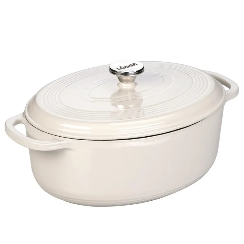 7 Quart Oval Enamel Cast Iron Dutch Oven In Oyster White With Lid