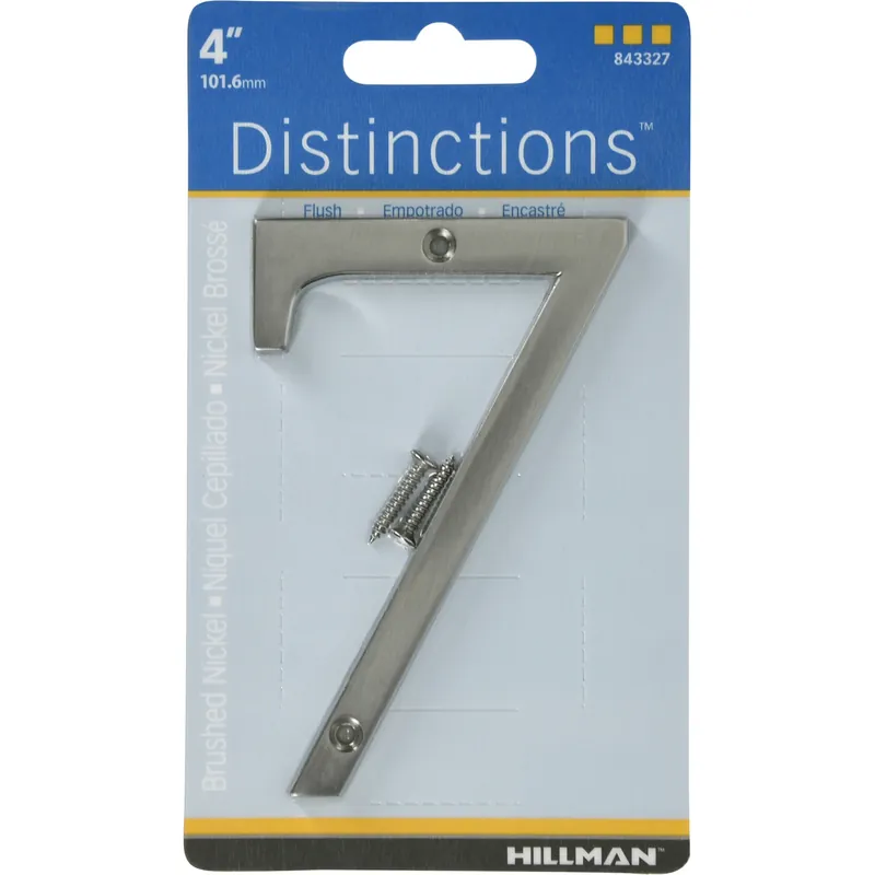 Distinctions House Address Number 7, Screw-in, Brushed Nickel Zinc, 4-in.