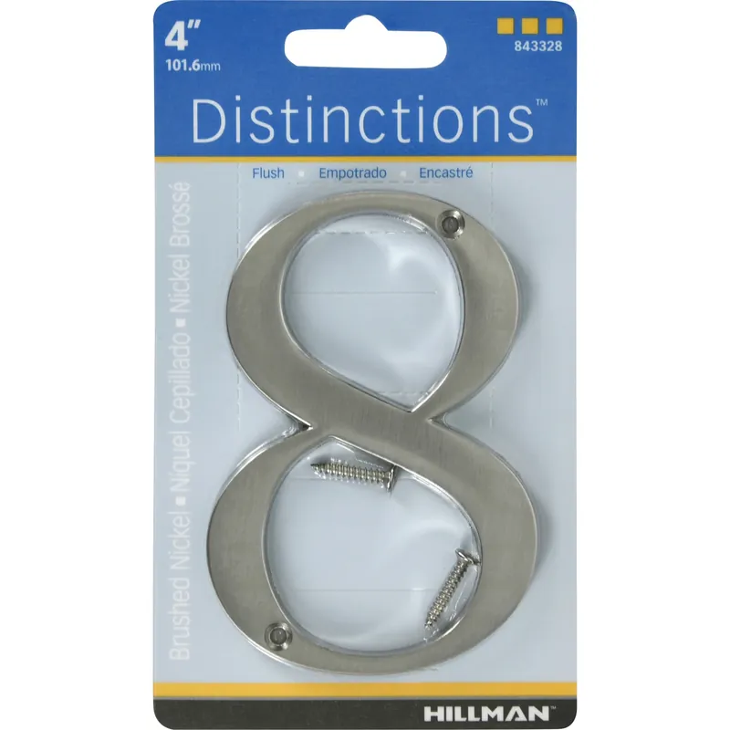 Distinctions House Address Number 8, Screw-in, Brushed Nickel Zinc, 4-in.