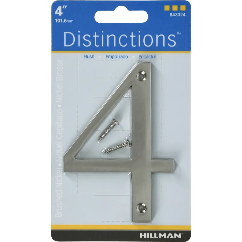 Distinctions House Address Number 4, Screw-in, Brushed Nickel Zinc, 4-in.