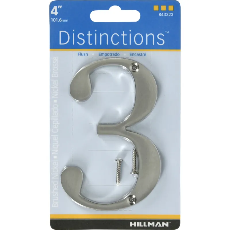 Distinctions House Address Number 3, Screw-in, Brushed Nickel Zinc, 4-in.