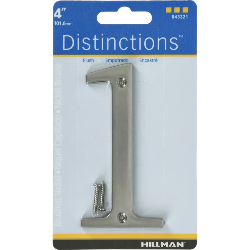 Distinctions House Address Number 1, Screw-in, Brushed Nickel Zinc, 4-in.