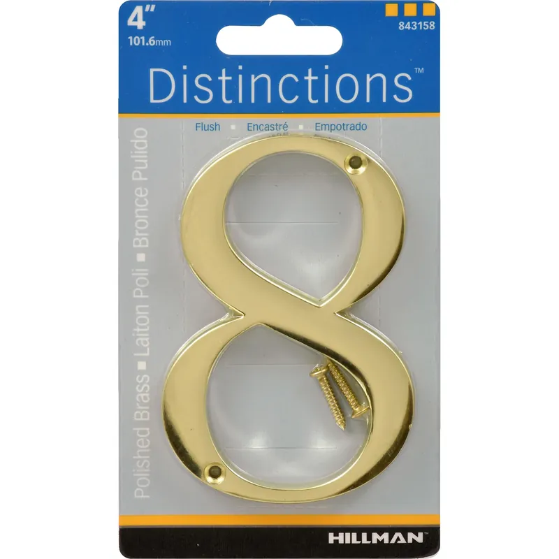 Distinctions House Address Number 8, Screw-in, Polished Brass, 4-in.
