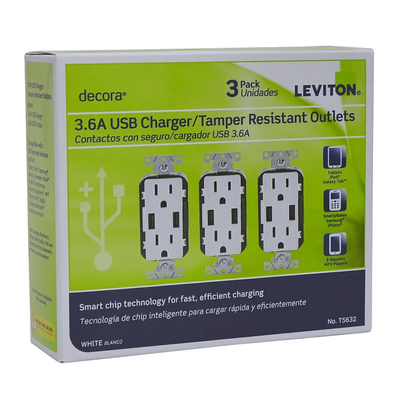 Decora 15 Amps 125 V Duplex White Outlet And Usb Charger 5-15r 3 Pk