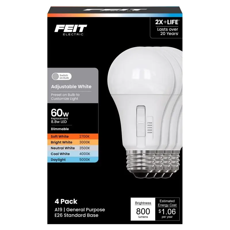 A19 E26 (medium) Led Bulb Adjustable White 60 Watt Equivalence 4 Pk