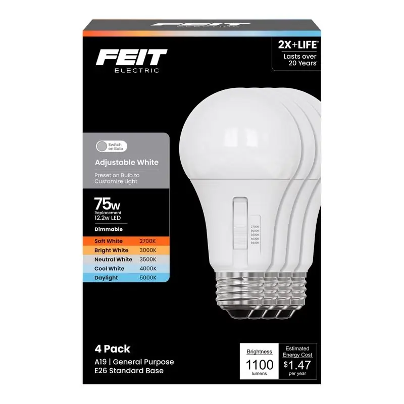 A19 E26 (medium) Led Bulb Adjustable White 75 Watt Equivalence 4 Pk