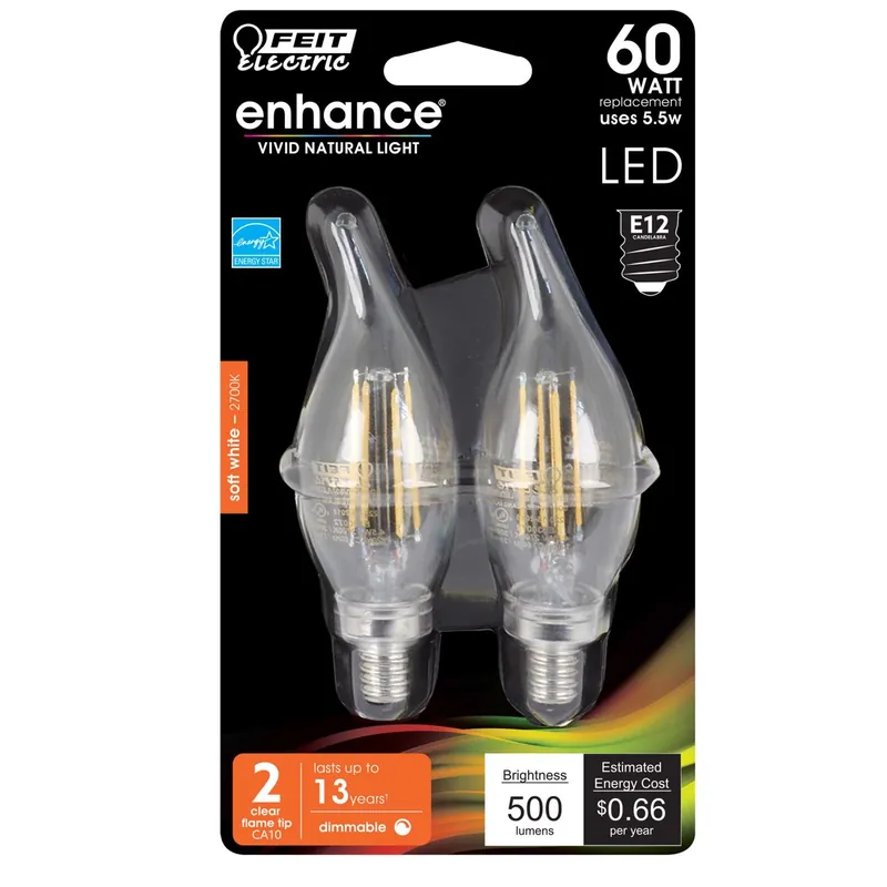 Flame Tip E12 (candelabra) Led Bulb Soft White 60 Watt Equivalence 2 Pk