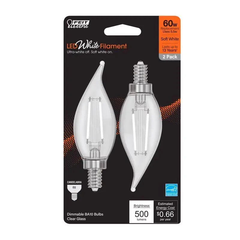 White Ba10 E12 (candelabra) Filament Led Bulb Soft White 60 Watt Equivalence 2 Pk