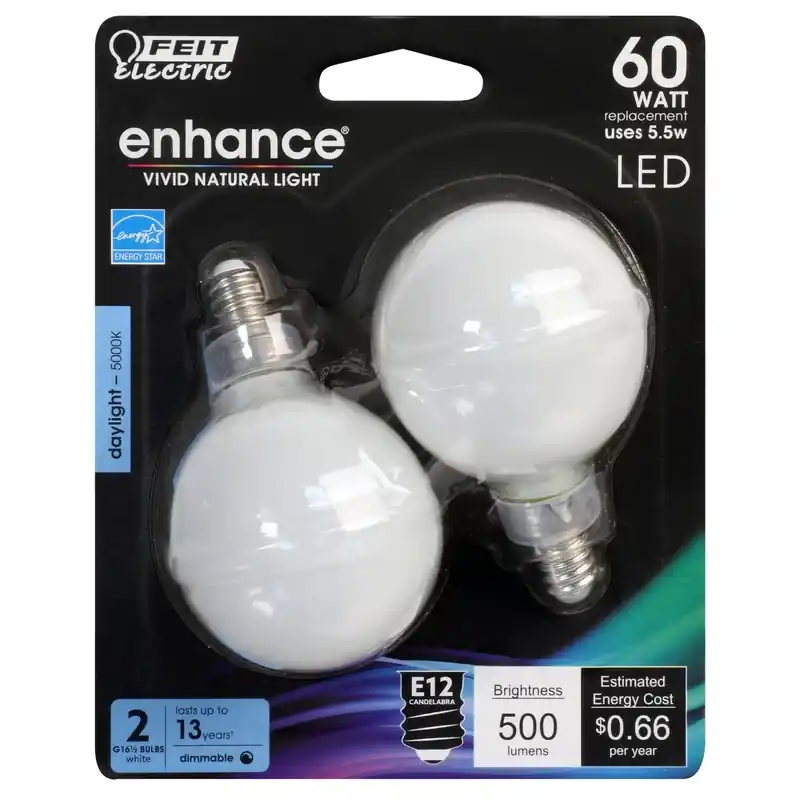 Enhance G16.5 E12 (candelabra) Filament Led Bulb Daylight 60 Watt Equivalence 2 Pk