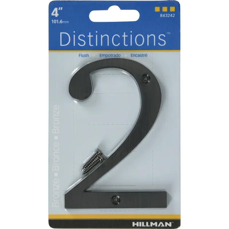 Distinctions House Address Number 2, Screw-in, Bronze Zinc, 4-in.
