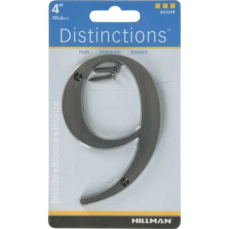 Distinctions House Address Number 9, Screw-in, Bronze Zinc, 4-in.