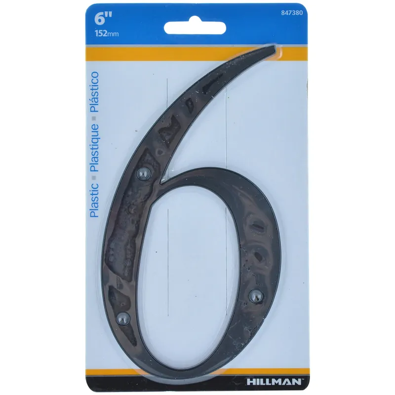 House Address Number 6, Nail-on, Black Plastic, 6-in.