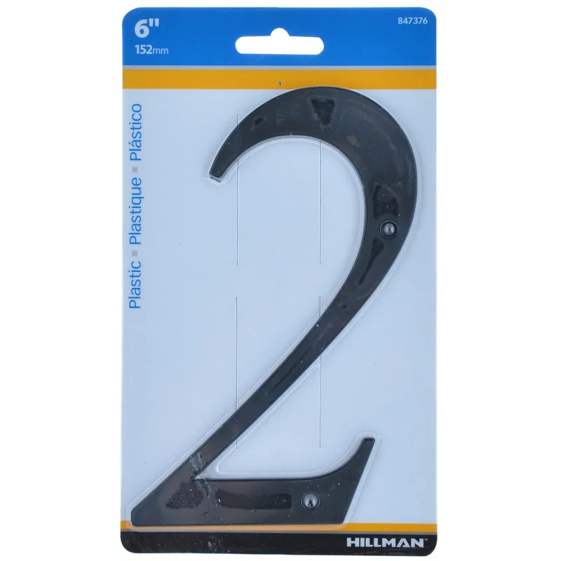 House Address Number 2, Nail-on, Black Plastic, 6-in.