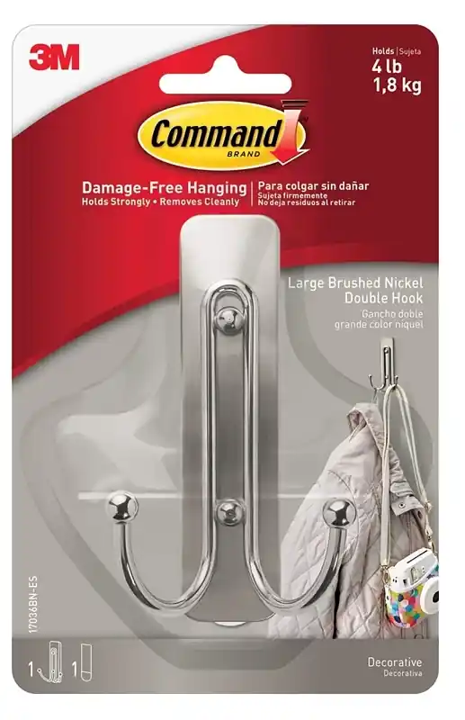 Command 2 In. L Brushed Nickel Metal Large Double Hook 4 Lb. Cap. 1 Pk
