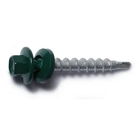 10-14 X 1-1/2 Green Painted Steel Hex Washer Head Self-drilling Pole Barn Screws