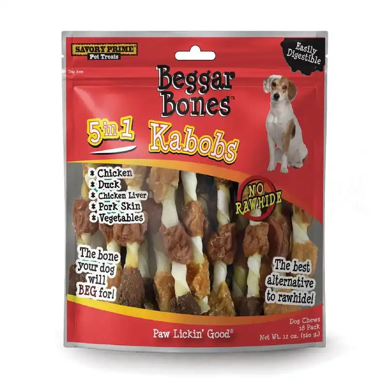 Beggar Bones Kabobs 5-in-1 Flavor Grain Free Chews For Dogs 8 In. 18 Pk