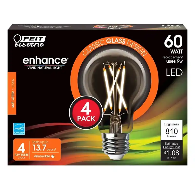 Feit Enhance A19 E26 (medium) Filament Led Bulb Soft White 60 Watt Equivalence 4 Pk