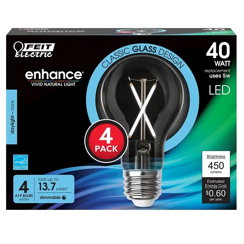 Feit Enhance A19 E26 (medium) Filament Led Bulb Daylight 40 Watt Equivalence 4 Pk