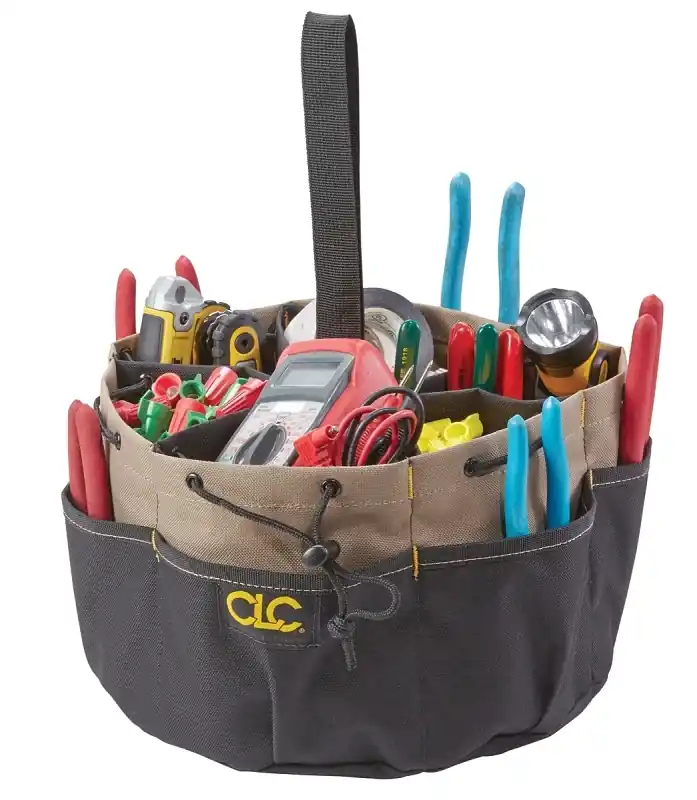 18-pocket Drawstring Tool Bucket Organizer, 10 In. Diameter, Black/tan