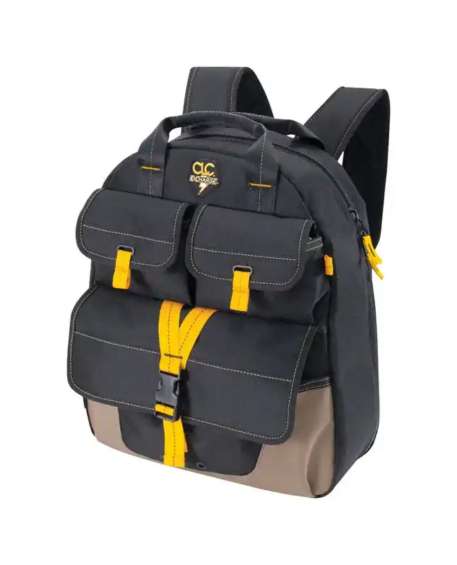 E-charge 6 In. W X 19.5 In. H Polyester Backpack Tool Bag 23 Pocket Black/tan