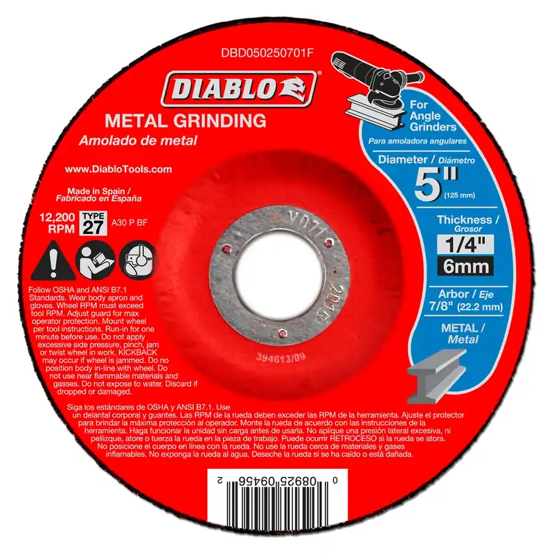Metal Grinding Disc, Type 27, 5 X 1/4 X 7/8-in.