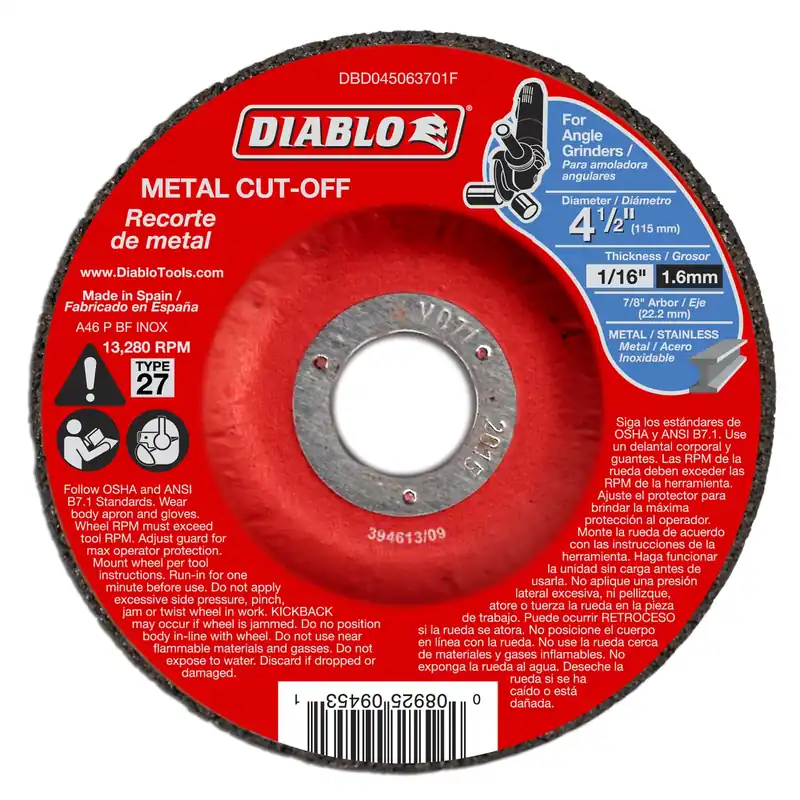 4-1/2 In. D X 7/8 In. X 1/16 In. Thick Aluminum Oxide Metal Cut-off Disc 1 Pk