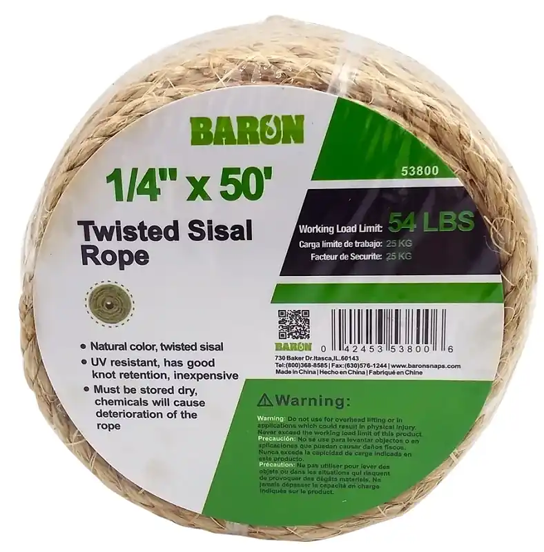 53800 Twisted Sisal Rope 1/4 Inch Diameter 50 Feet Length