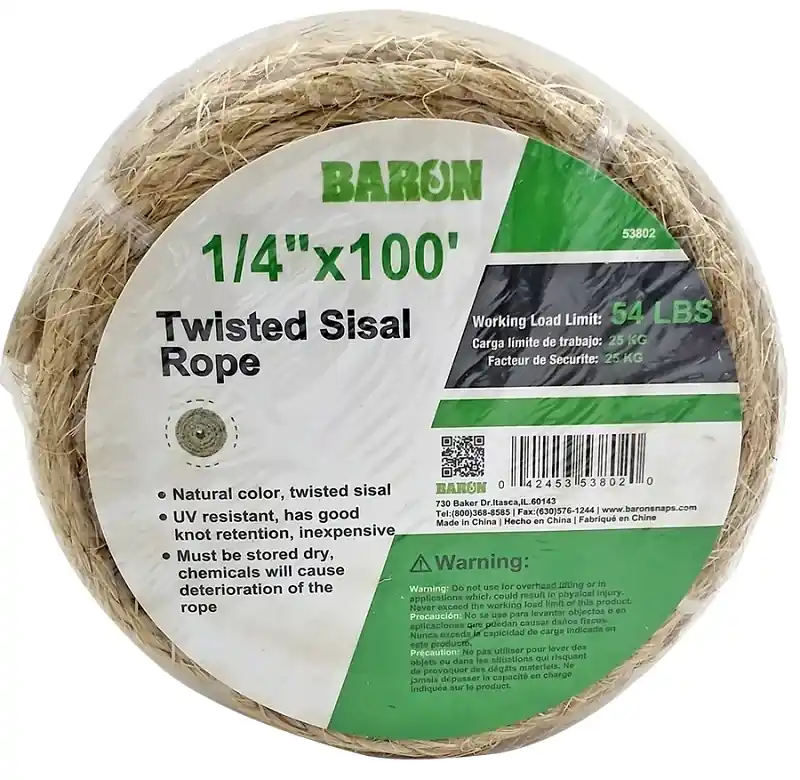 Twisted Sisal Rope 1/4 Inch Diameter, 100 Feet Length, Utility Rope