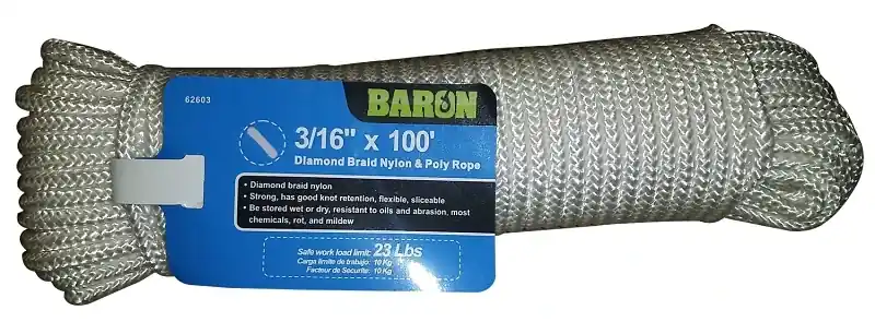 3/16 Inch X 100 Feet White Diamond Braided Nylon Rope