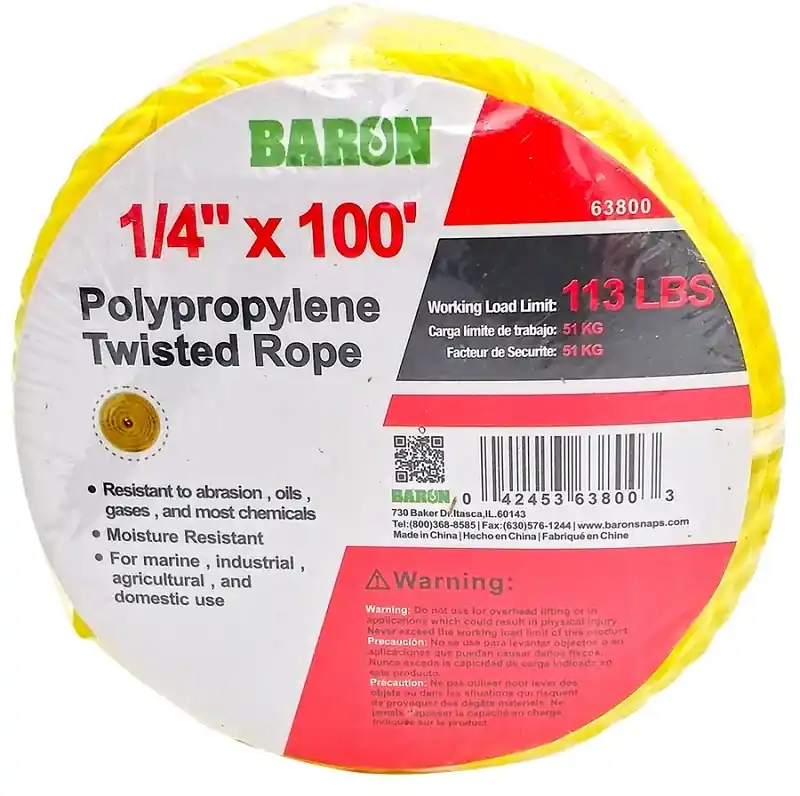 1/4 Inch X 100 Feet Twisted Yellow Polypropylene Rope