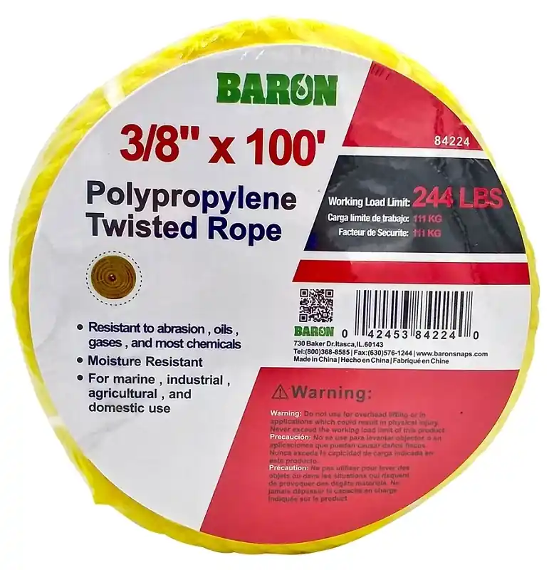 84224 Twisted Polypropylene Rope, 3/8 Inch Diameter, 100 Feet Length, Yellow