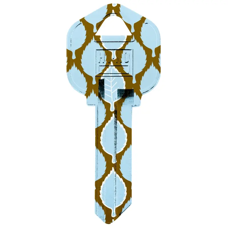 Hy-ko Kw1-39 Leaves Design Key Blank - Blue And Tan, Nickel-plated, 2.05 In Height