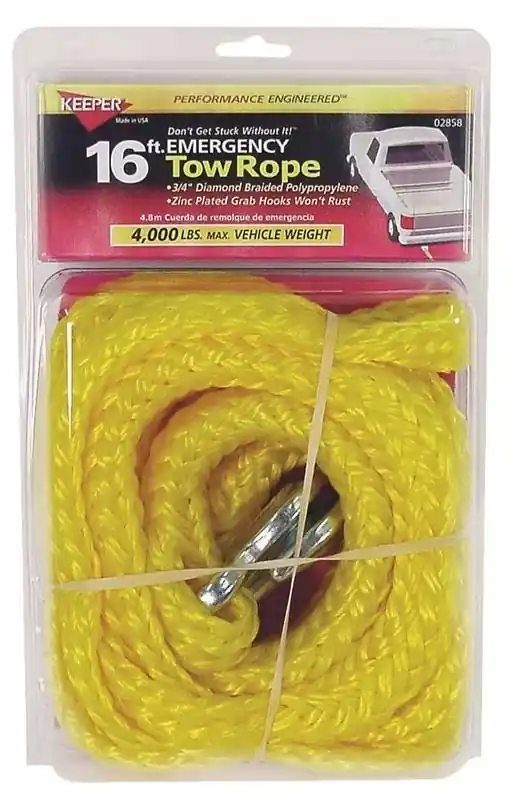 Diamond Braided Tow Rope, 700 Lb Capacity, 16 Ft Length With Hooks
