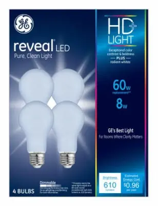 Reveal Hd Led Light Bulbs, Clean White Frosted, 6.4 Watt, 800 Lumens, 4-pk.