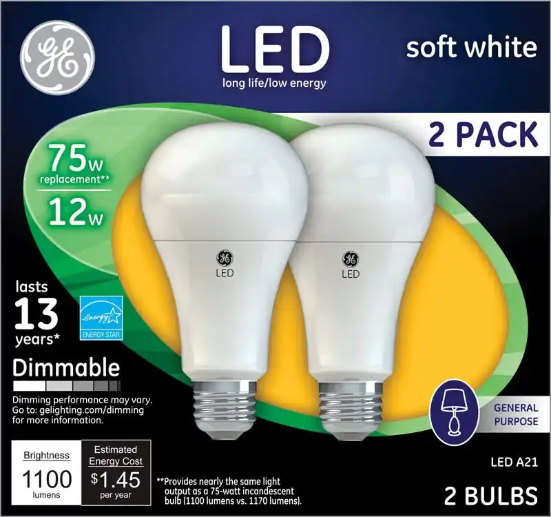 Ge A21 E26 (medium) Led Bulb Soft White 75 Watt Equivalence 2 Pk