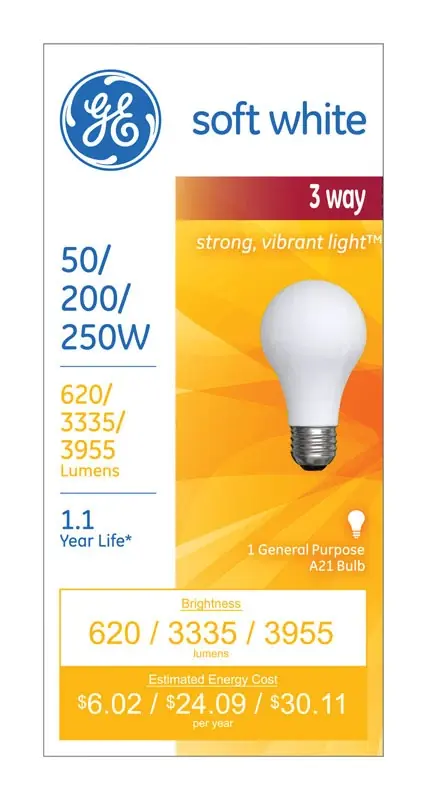 3-way Soft White Light Bulb, 50/200/250 Watt